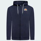 Ellesse Miletto Full-Zip Hoodie Men's in navy, front view showing the full zipper, drawcord hood, split kangaroo pockets, and Ellesse logo on the chest.